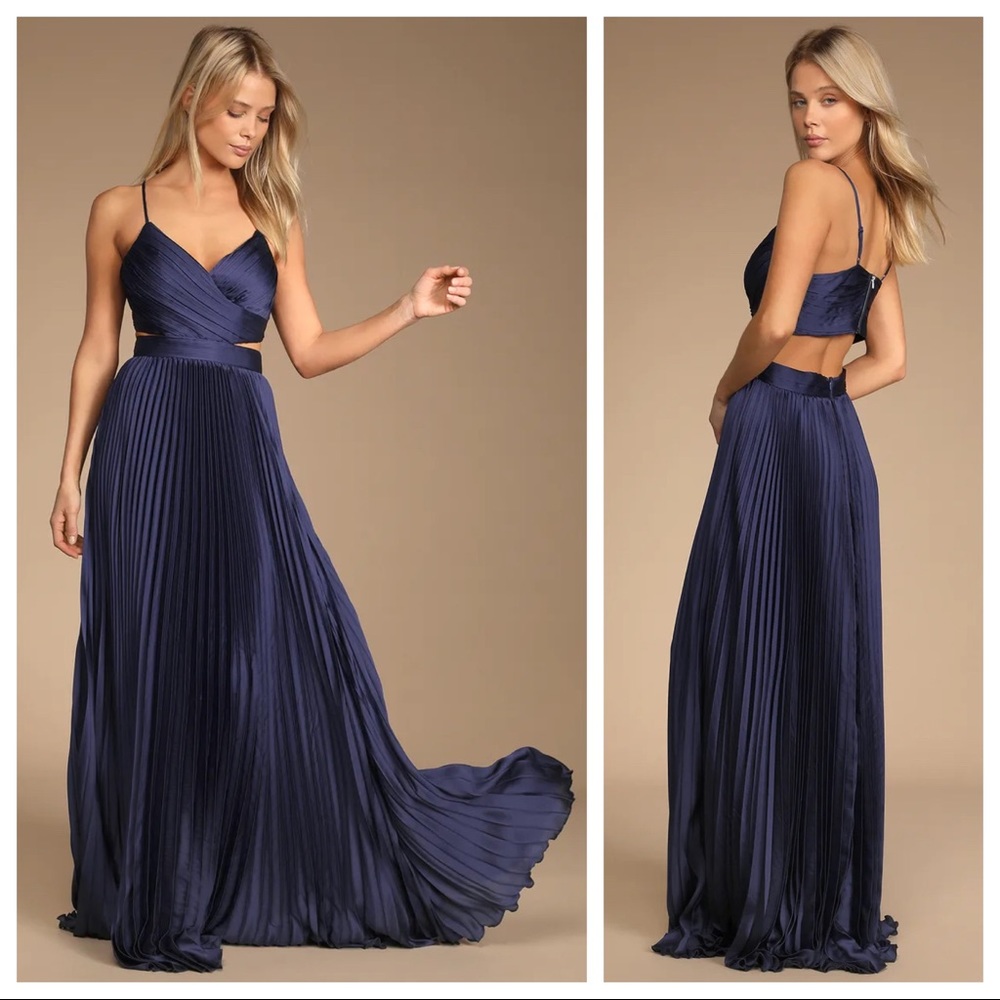 Lulus Got the Glam Navy Blue Pleated Cutout Maxi Dress